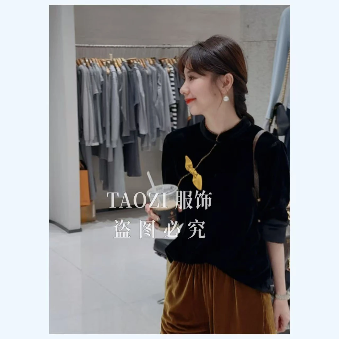 桃子自制 09355【惊艳】秋冬季洋气百搭蝴蝶结丝绒上衣