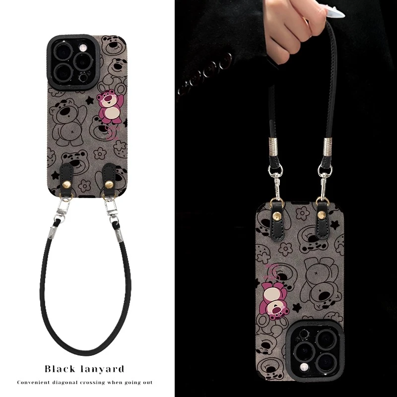 草莓熊维尼挂绳适用苹果16手机壳新款华为OPPO翻毛皮小米VIVO全包