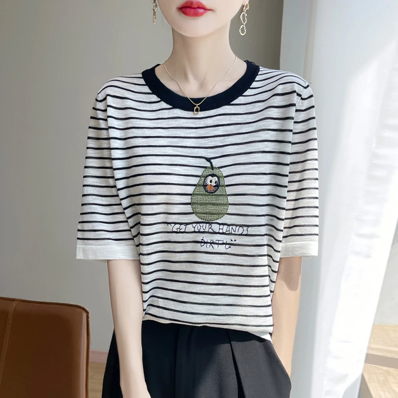 夏季新款竹节麻卡通牛油果条纹针织短袖时尚百搭宽松显瘦针织衫