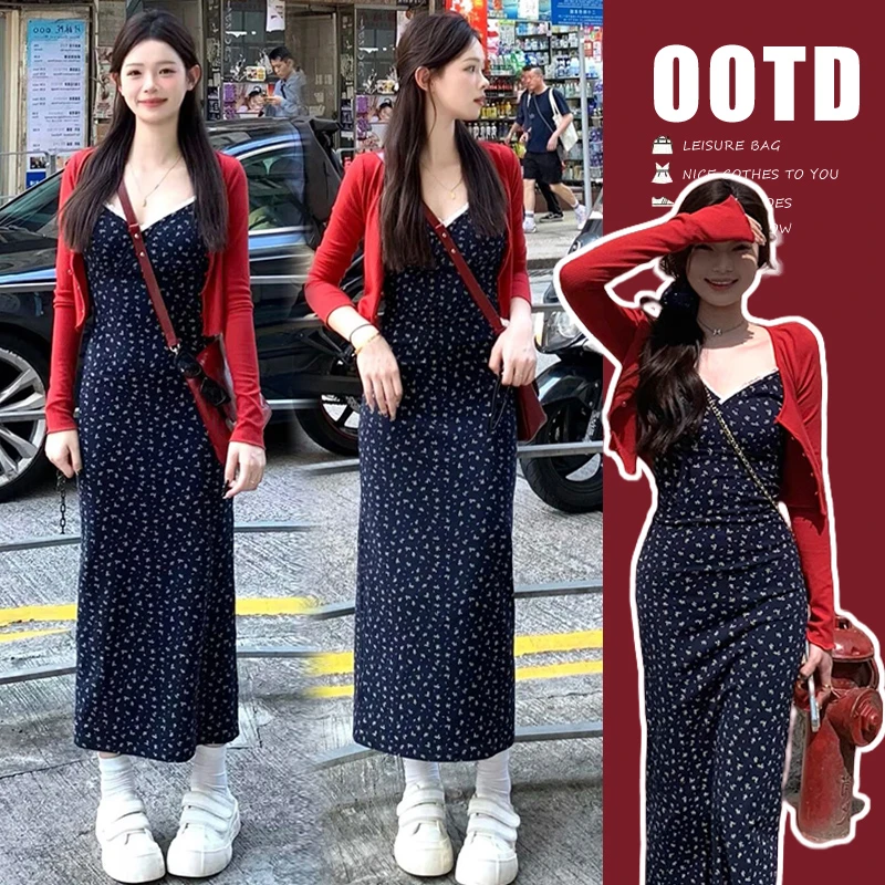 孕妇装2025春夏新款洋气时尚V领碎花修身孕妇吊带连衣裙红色开衫