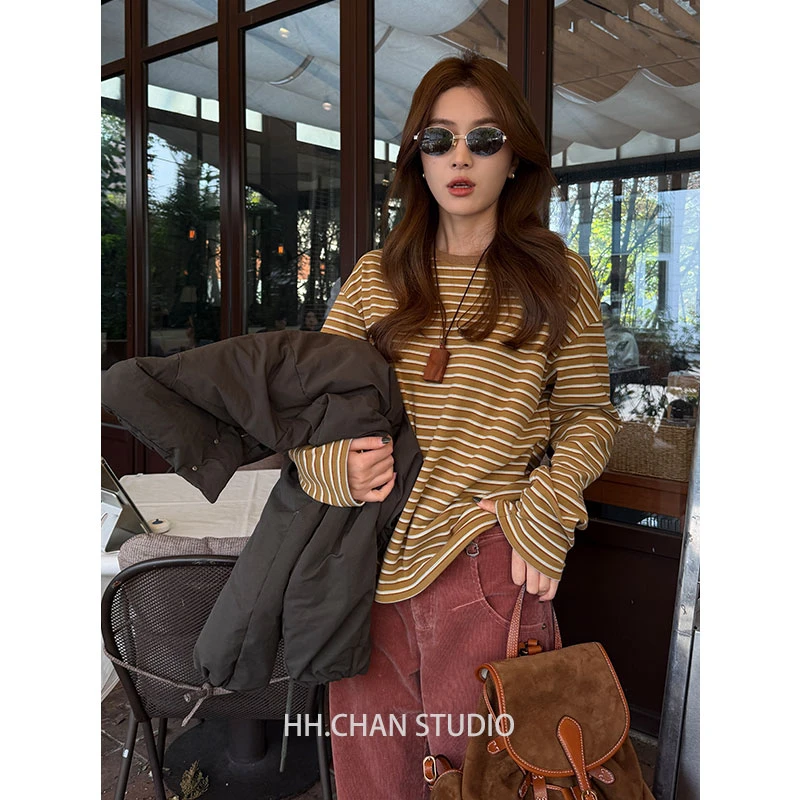 HH.CHAN“暖咖”定制秋冬磨毛加厚咖条纹长袖休闲长袖HH55D39412
