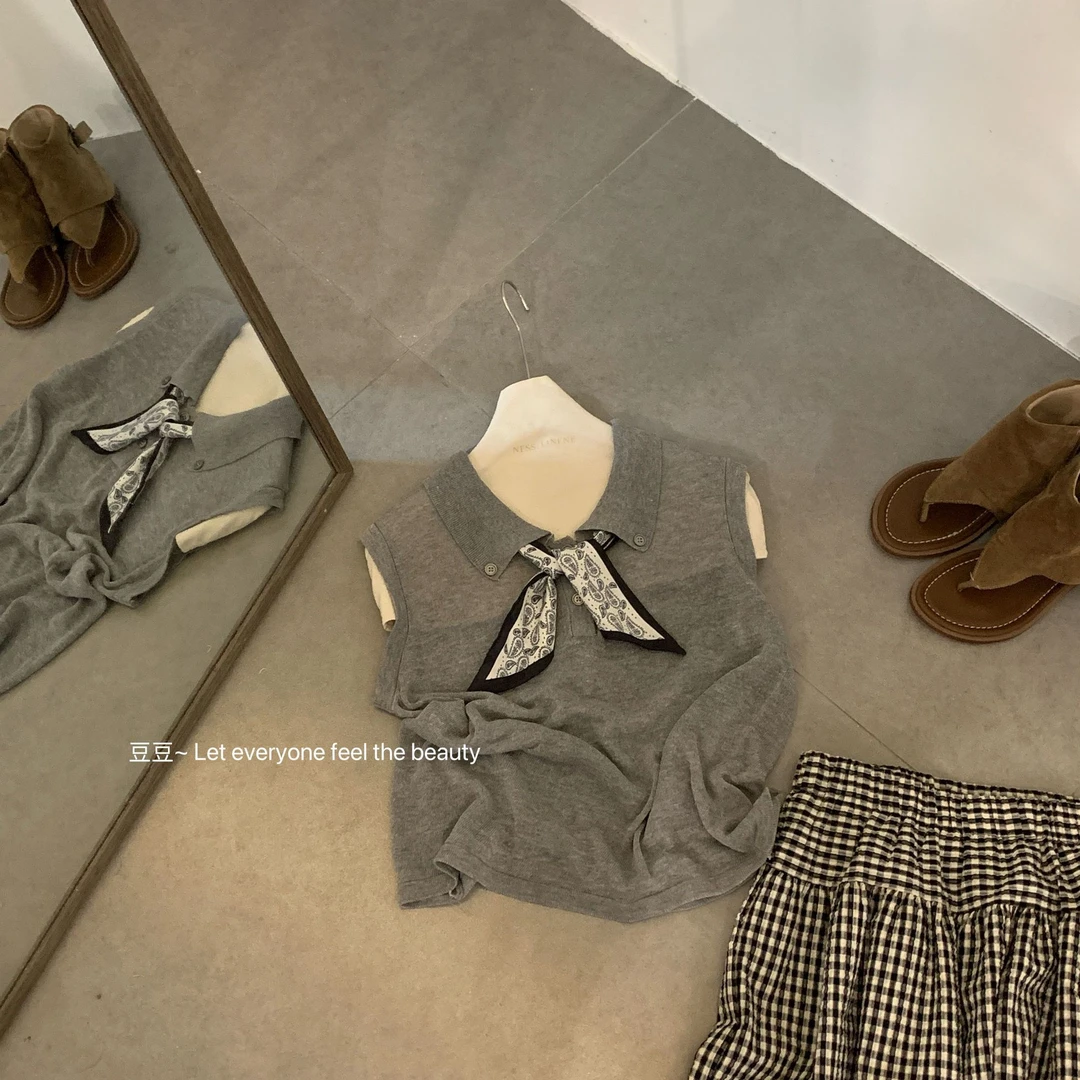 2025夏季新款设计感小众翻领丝巾无袖背心T恤女宽松显瘦百搭上衣