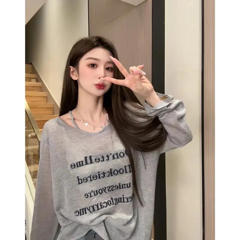 2025夏季新款字母灰色防晒衣罩衫女露肩薄款长袖t恤宽松小众上衣