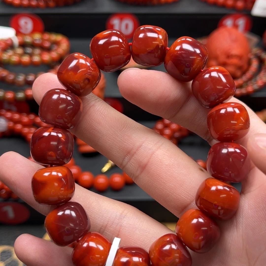 游***5南红玛瑙未镶嵌手链川料瓦西火焰双色老型手串14+