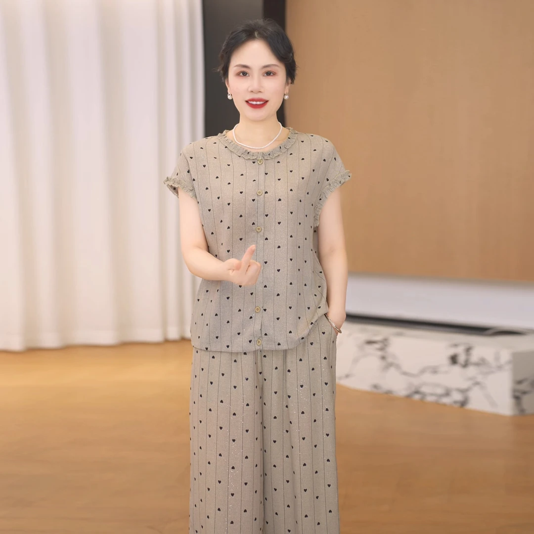 中老年女装短袖条纹套装新款条纹套装中年妈妈夏季休闲套装九分裤
