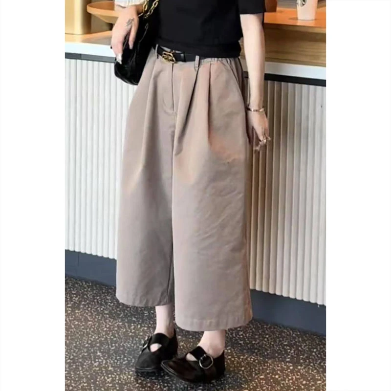 艾塔莉卡其色宽松休闲裤女夏季新款基础款直筒裤大码九分裤哈伦裤