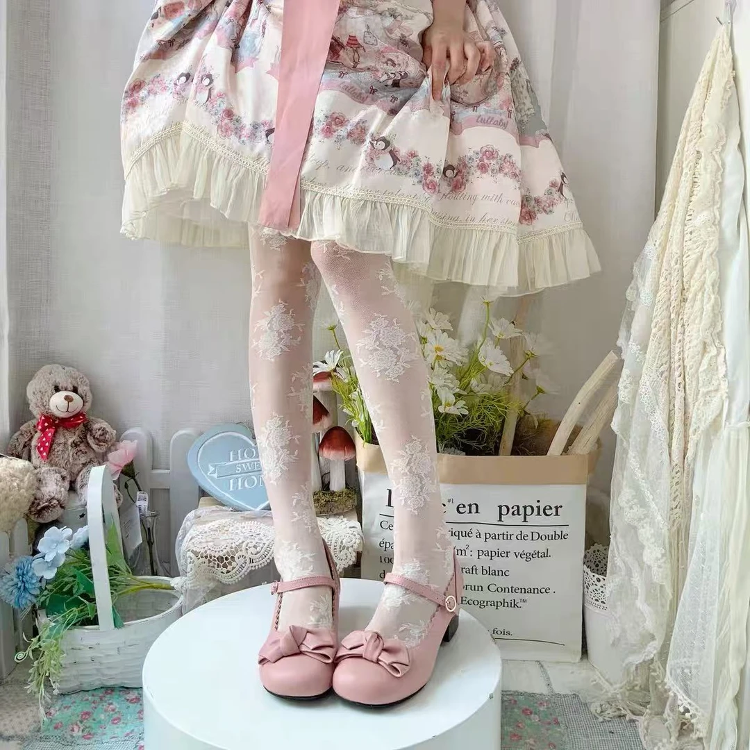 日系lolita格纹花朵枝叶性感黑丝袜春秋立体织花显瘦打底袜