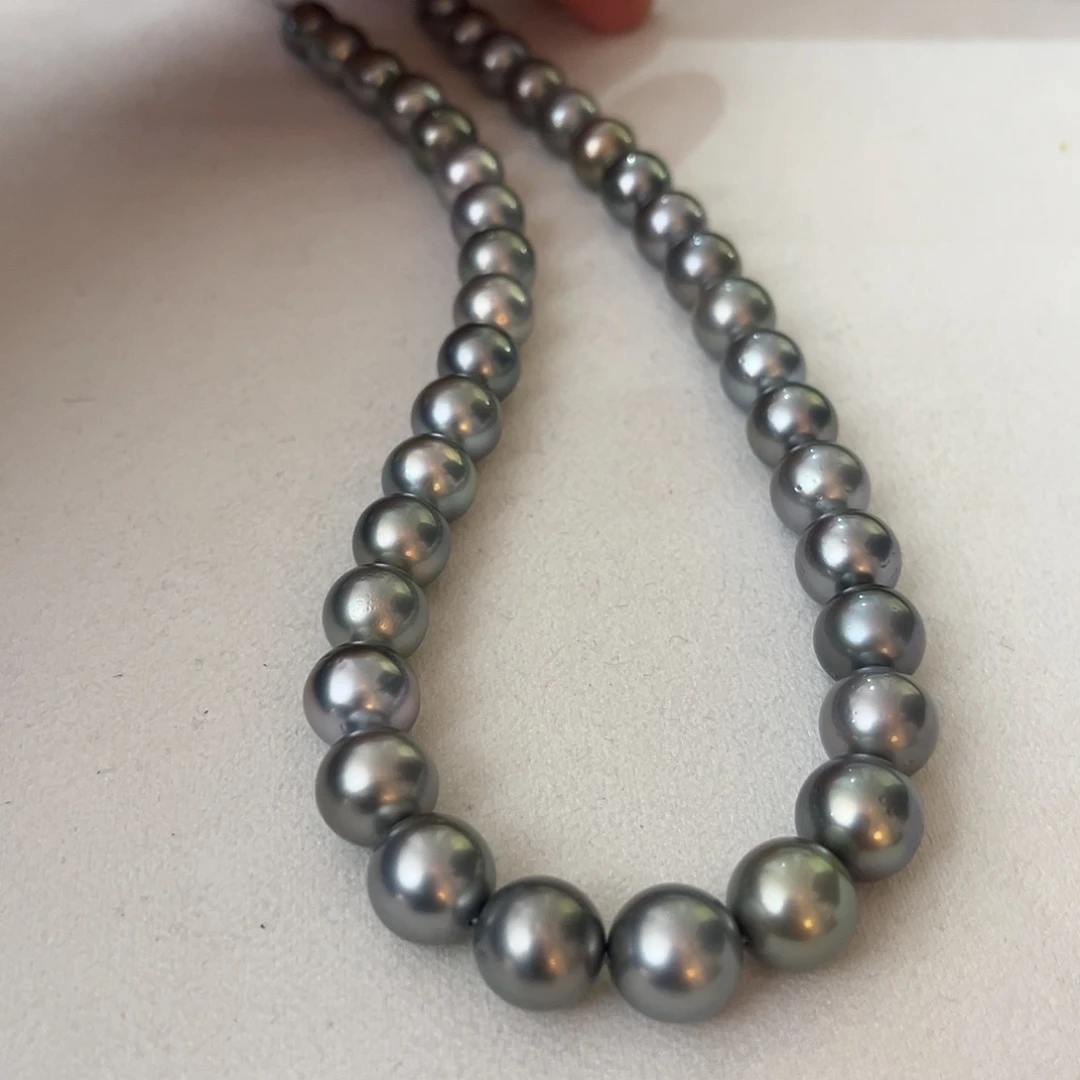 银S925镶嵌海水珍珠颈饰铂金灰10-12