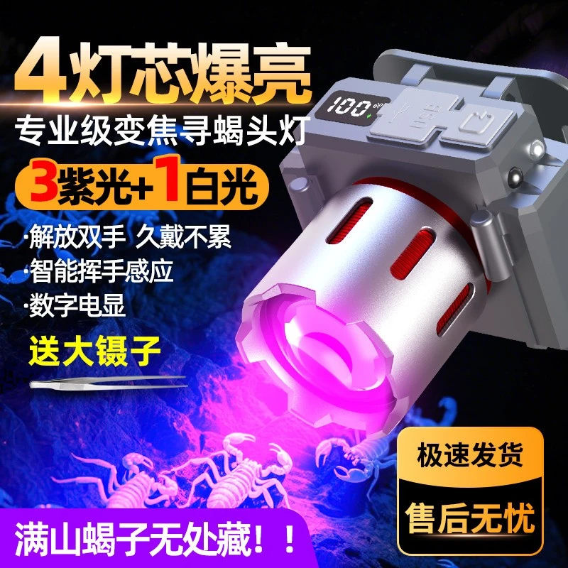照蝎子专用头灯强光充电超亮户外专业紫光灯头戴式手电筒超长续航
