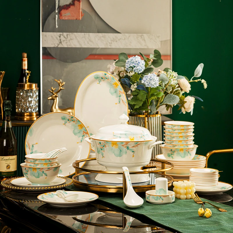 碧水牡丹高端餐具乔迁新居送礼碗碟套装家用精致轻奢简约餐具