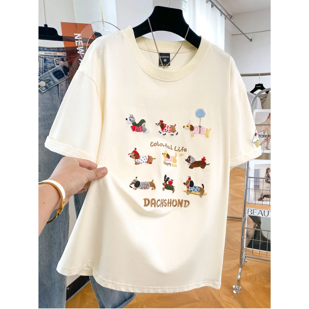 ins设计感刺绣落肩短袖t恤女2025新款大码宽松纯棉半袖上衣服