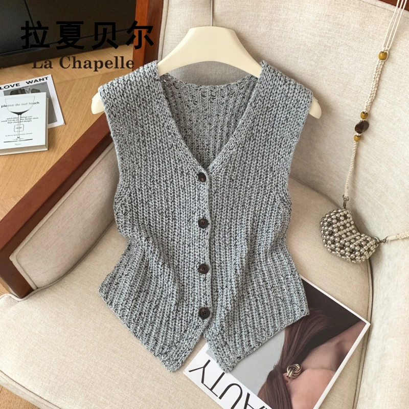 拉夏贝尔灰色V领针织马甲背心女2025秋季显瘦设计感叠穿无袖上衣