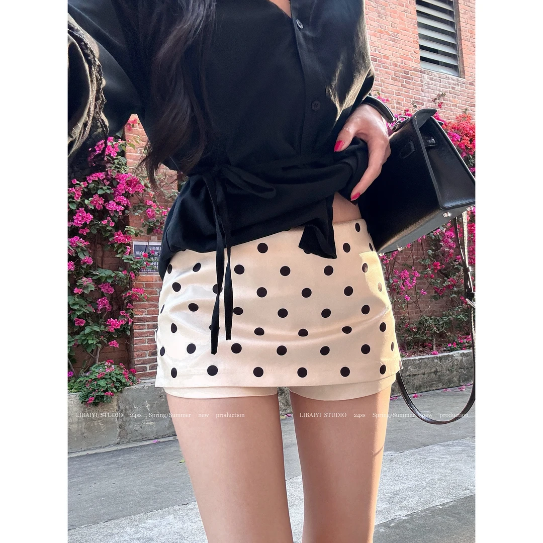 现货LIBAIYI 甜心rachel/纯欲风百搭侧拉链波点裙裤1449