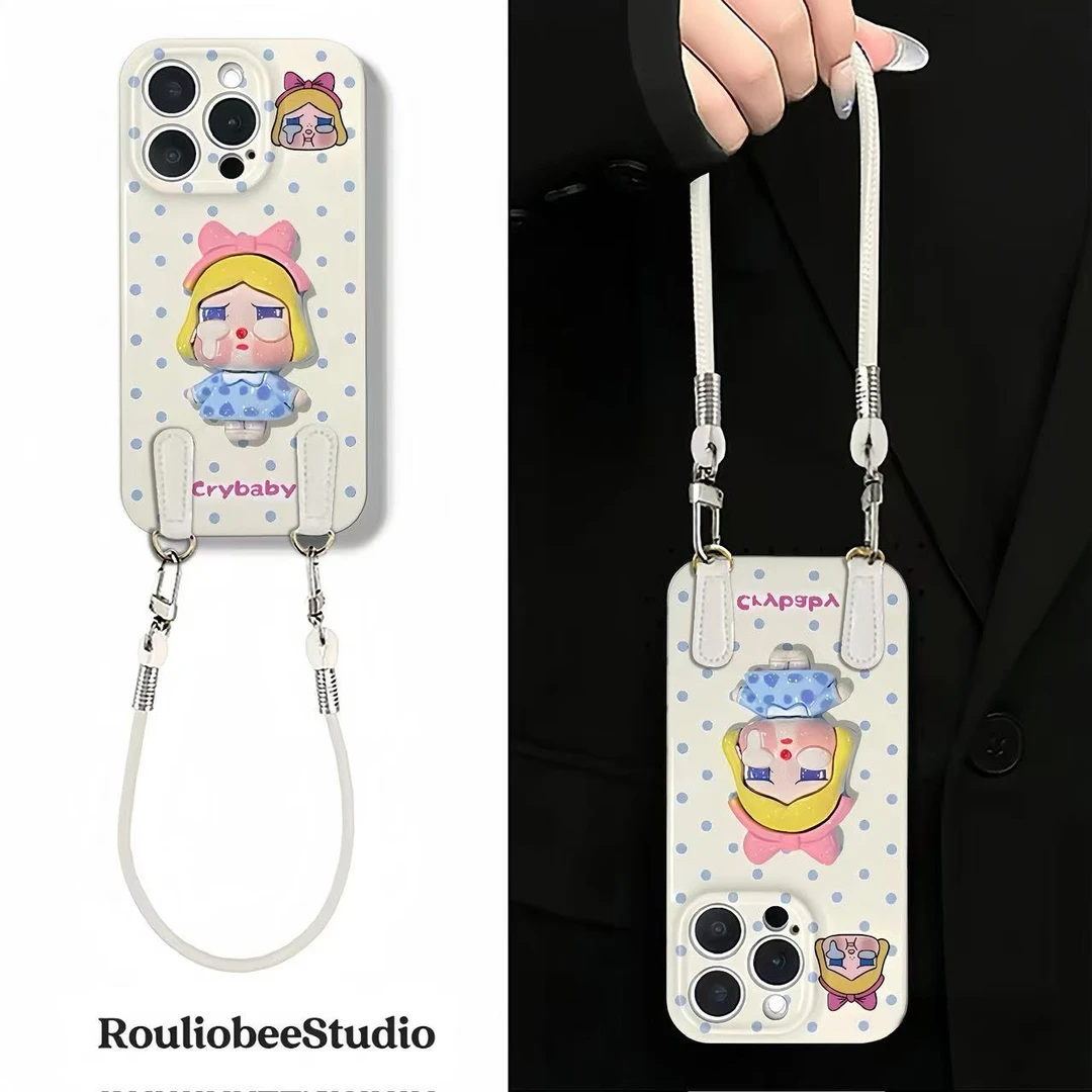 卡通波点立体哭娃适用苹果16手机壳15挂绳华为P70vivo小米oppo套