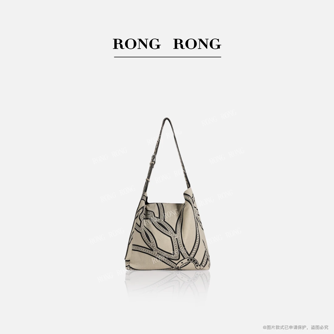 溶溶RONGRONG 黑白几何印花通勤可调节肩带亚麻帆布包BB121831