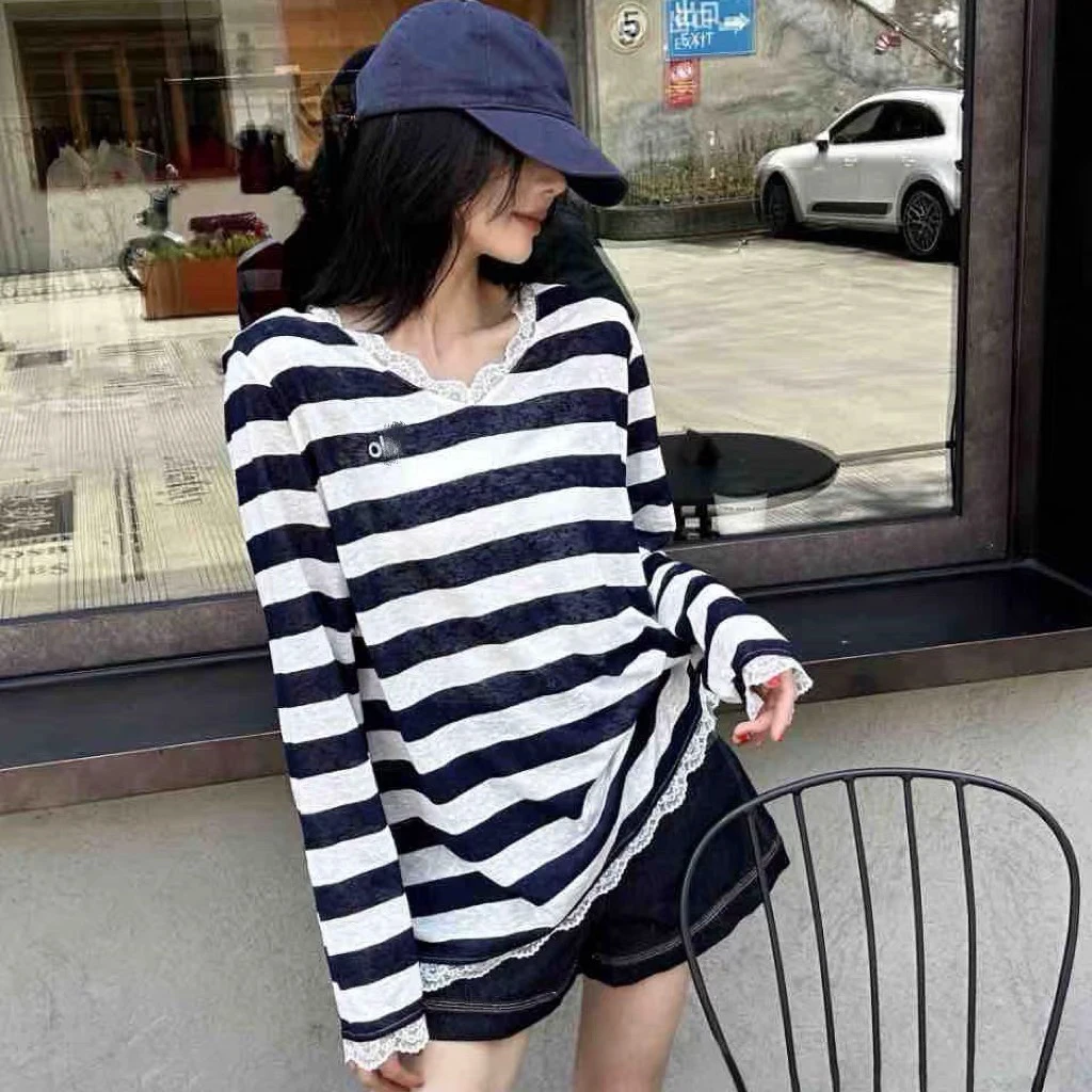 【婷姐家】欧货正版花边V领条纹时尚休闲慵懒风通勤长袖T恤OLO