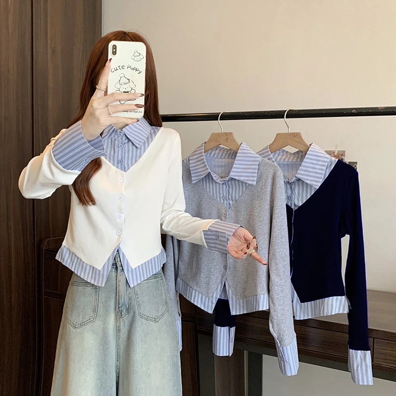 2025秋装新款胖mm大码女假两件条纹拼接修身上衣衬衣T恤