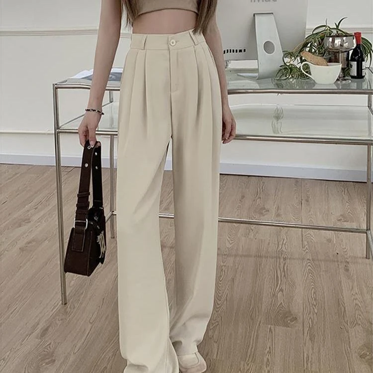 黑色西装裤休闲裤女春季宽松阔腿裤直筒裤高腰拖地长裤卡其色裤子