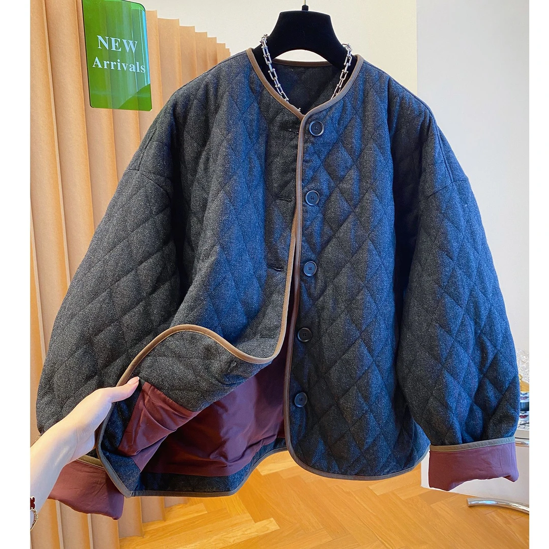 老钱风深灰色菱格棉服女秋冬2025新款宽松超好看圆领棉衣夹棉外套