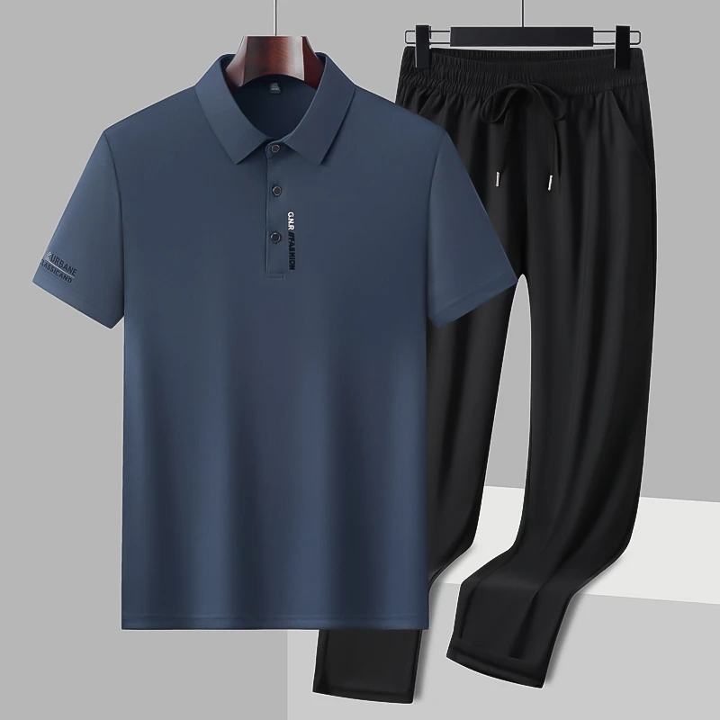 夏季男士POLO衫透气速干休闲爸爸装冰丝宽松两件套装抗皱翻领T恤