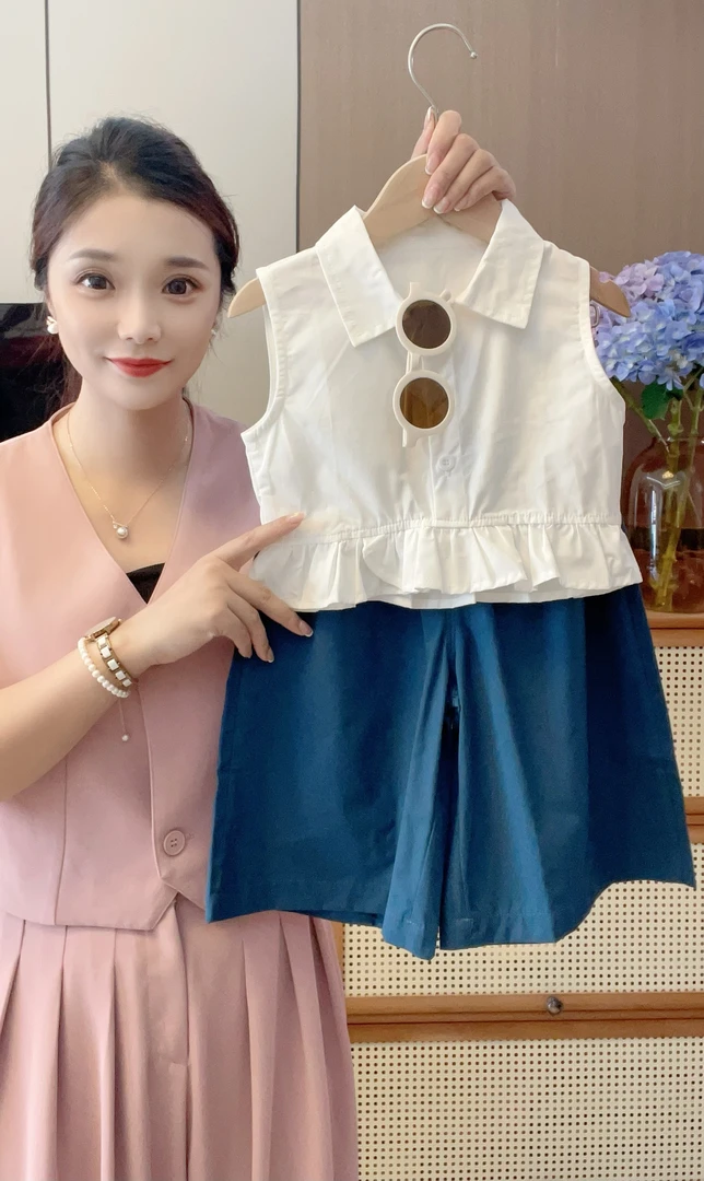 【纯棉】女童套装夏装2025夏季新款韩版儿童洋气无袖九分裤两件套