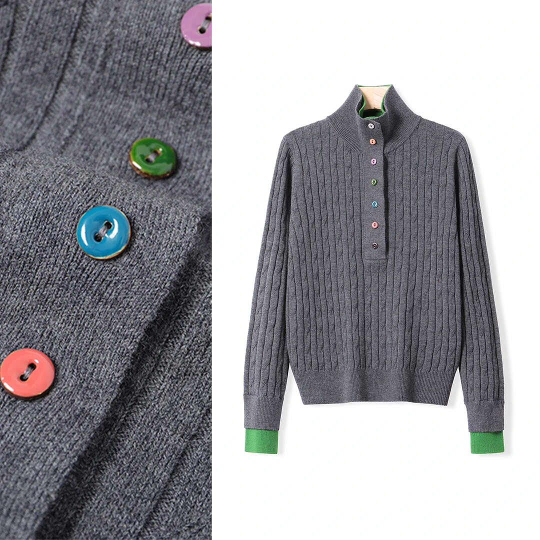 （超细）100%绵羊毛新款假两件立领撞色针织衫时尚休闲套头毛衣女