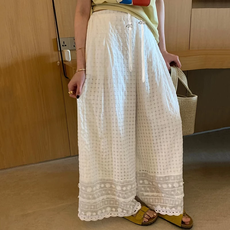 孕妇裤子夏季薄款不勒肚子外穿2025新款镂空休闲抽绳阔腿长裤夏装