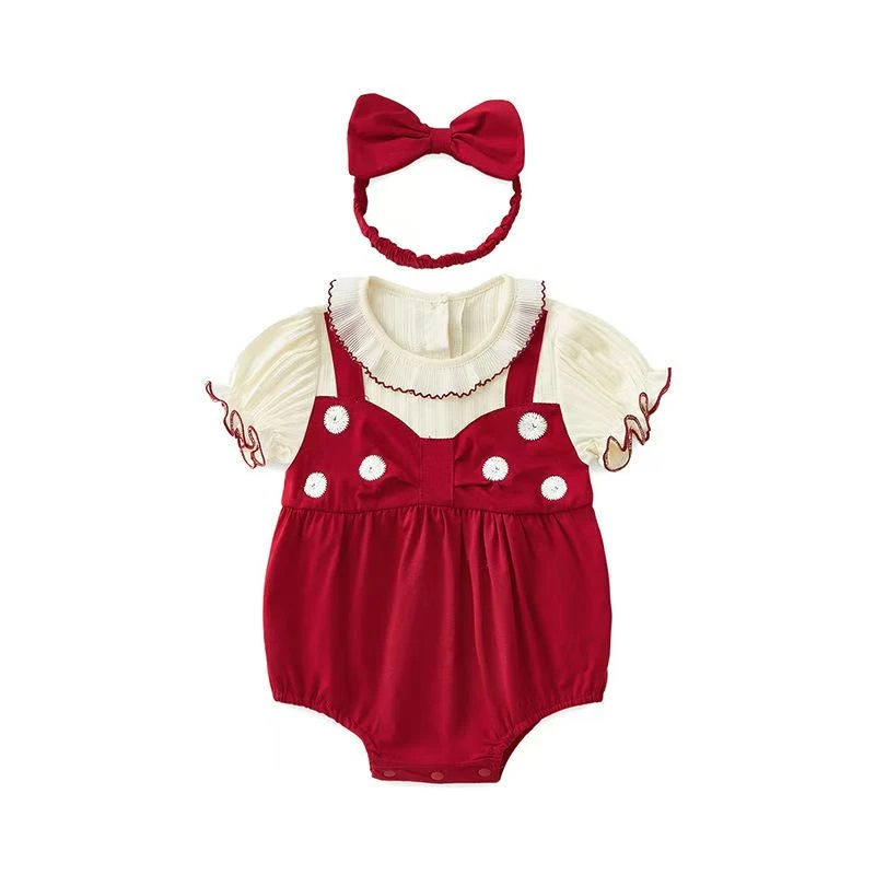 夏季A类女哈衣连体宝宝百天满月服女宝满月红色夏装婴儿衣服洋气