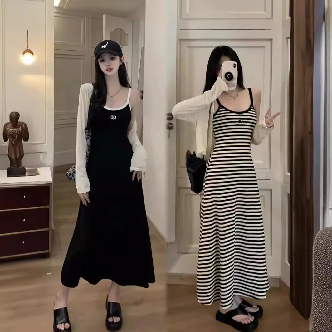 防走光气质条纹V领A字吊带连衣裙女夏韩系修身收腰条纹连衣裙