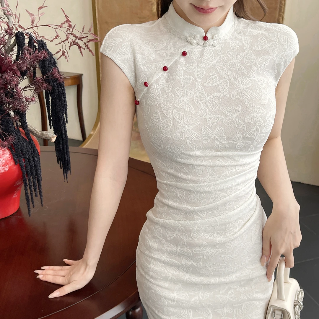 新中式暗纹印花肌理感连衣裙2025夏季新款气质修身显身材旗袍长裙