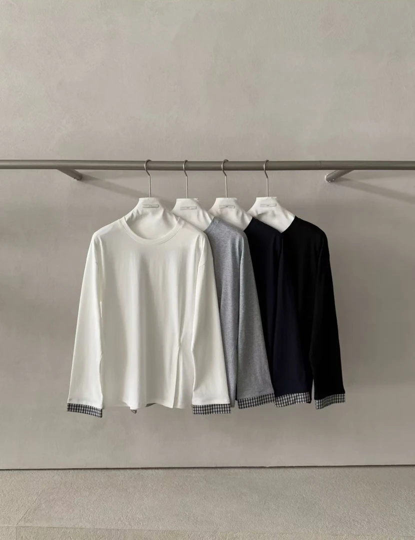 XHM（10865#）韩系圆领拼接格子打底T恤上衣