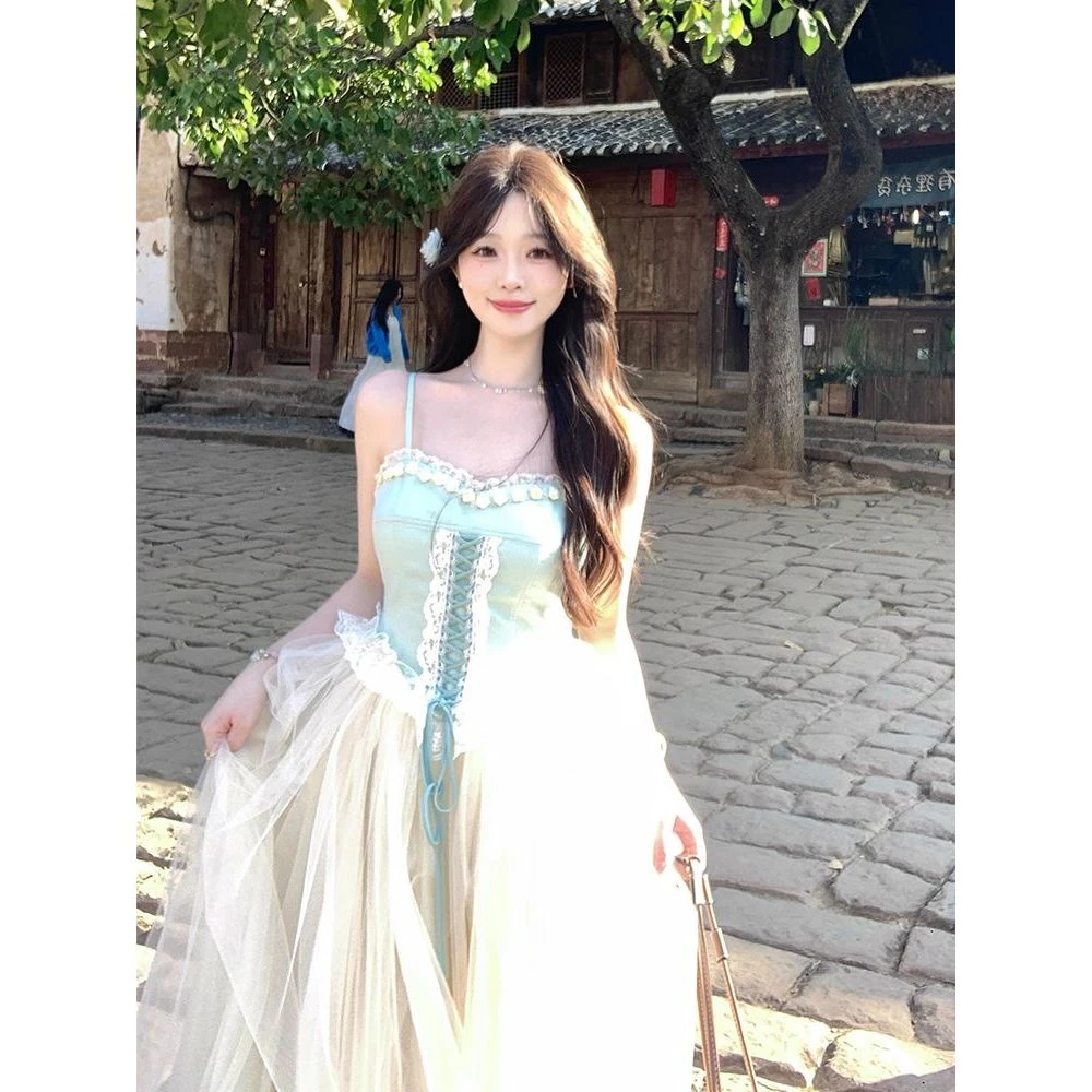 月光之舞 法式复古宫廷风拼接网纱吊带连衣裙女时尚收腰显瘦长裙