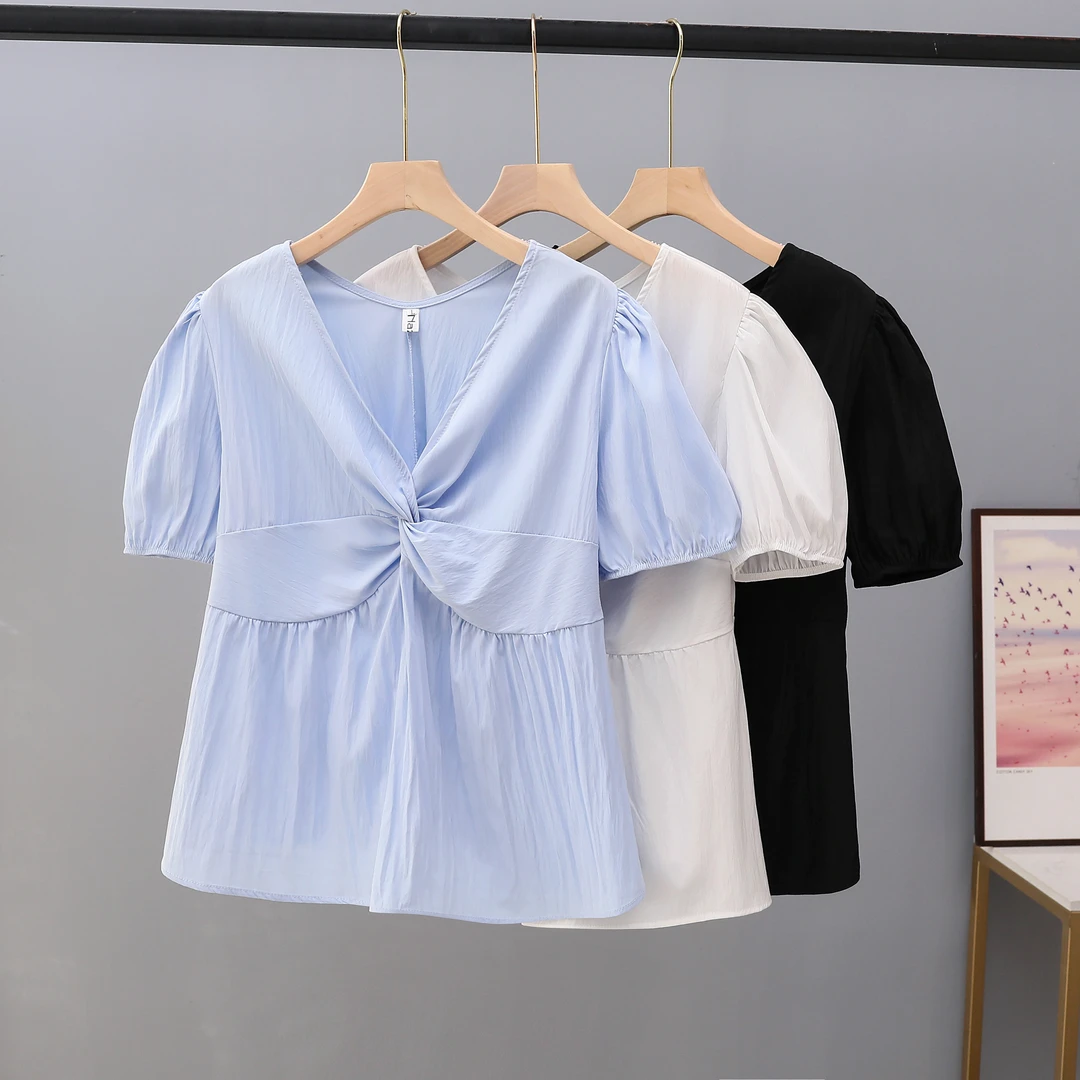 胖mm夏装T恤女显瘦时髦大码上衣藏肉小V领200斤灯笼袖甜辣娃娃衫