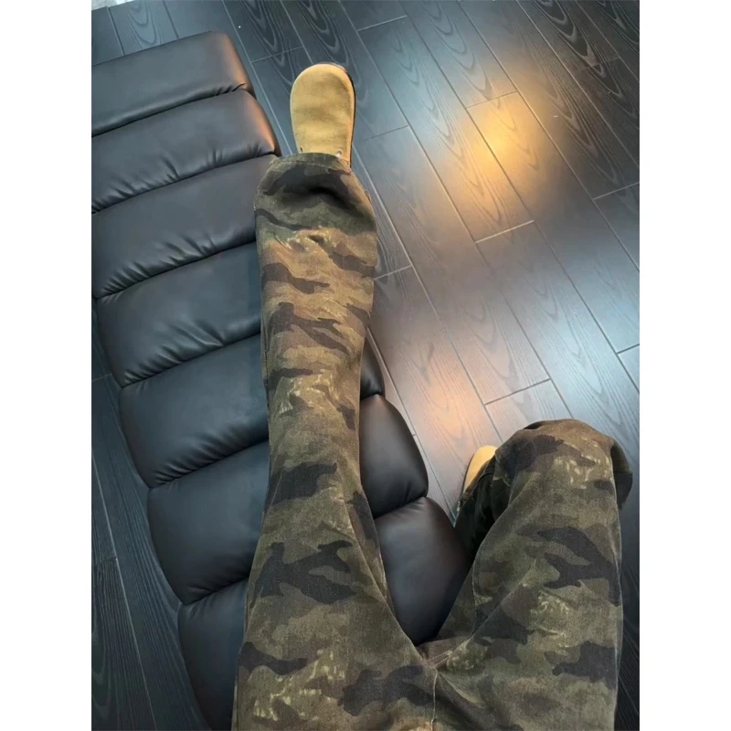 美式复古高街迷彩牛仔裤男款秋冬直筒加绒裤子潮牌痞帅显瘦微喇裤