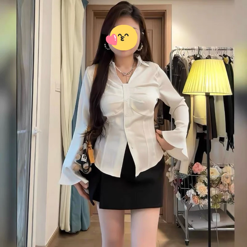 大码女装胖mm韩版V领喇叭袖长袖衬衫2025秋季显瘦百搭气质上衣