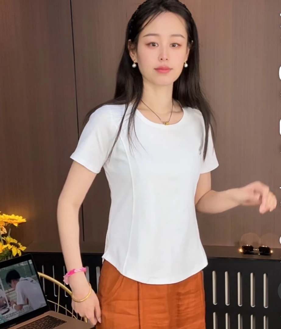 新潮风圆领短袖运动风T恤百搭开叉简约小众气质夏季时尚套装纯色