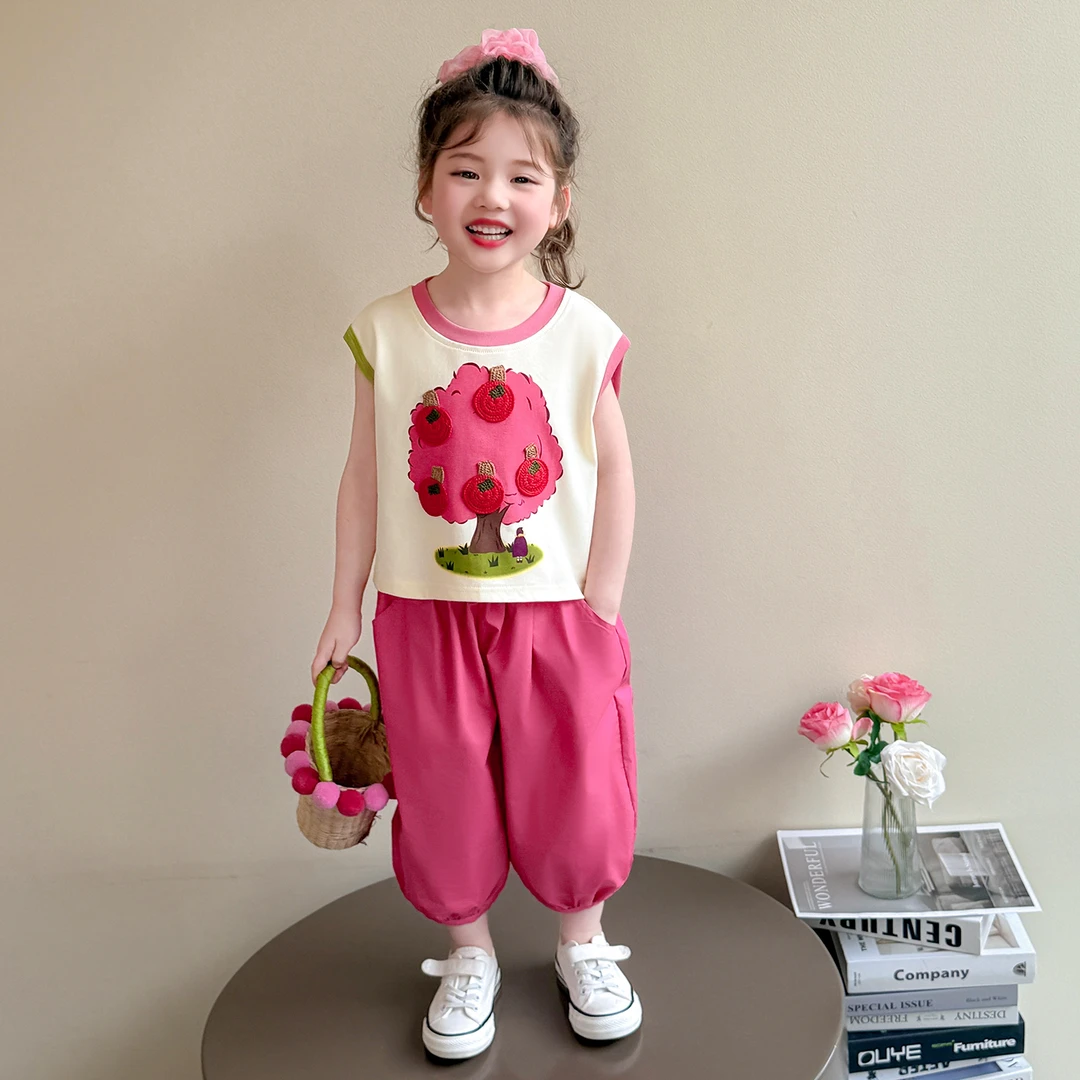女童夏季苹果树无袖休闲套装2025新款中小童夏款洋气小女孩两件套