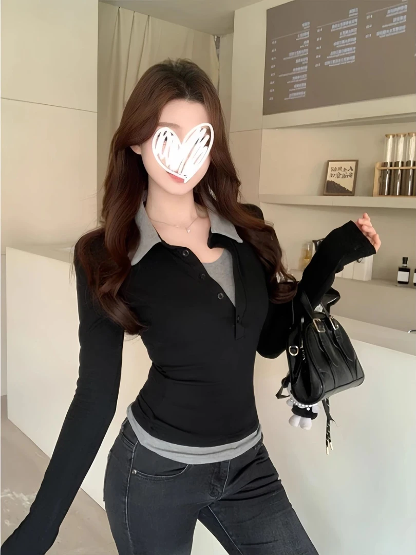 【真两层假两件】早秋新款辣妹polo半开领拼接翻领长袖纯欲修身上衣