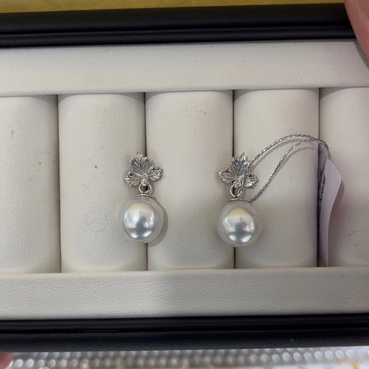 海水珍珠上新澳白枫叶耳坠10-11mm银S925镶嵌