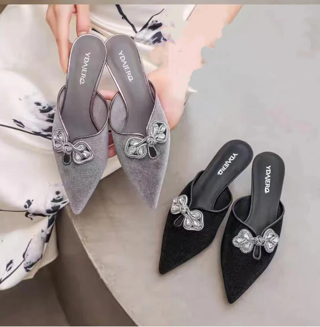 5厘米舒适中跟912872网红水钻胶粘鞋包头凉鞋包头拖细跟百搭尖头