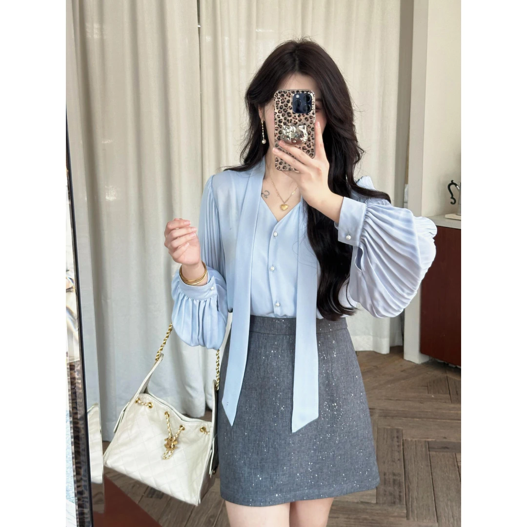 李潇洒【办公室lady】微胖大码法式风琴褶灯笼袖秋飘带珍珠扣衬衫