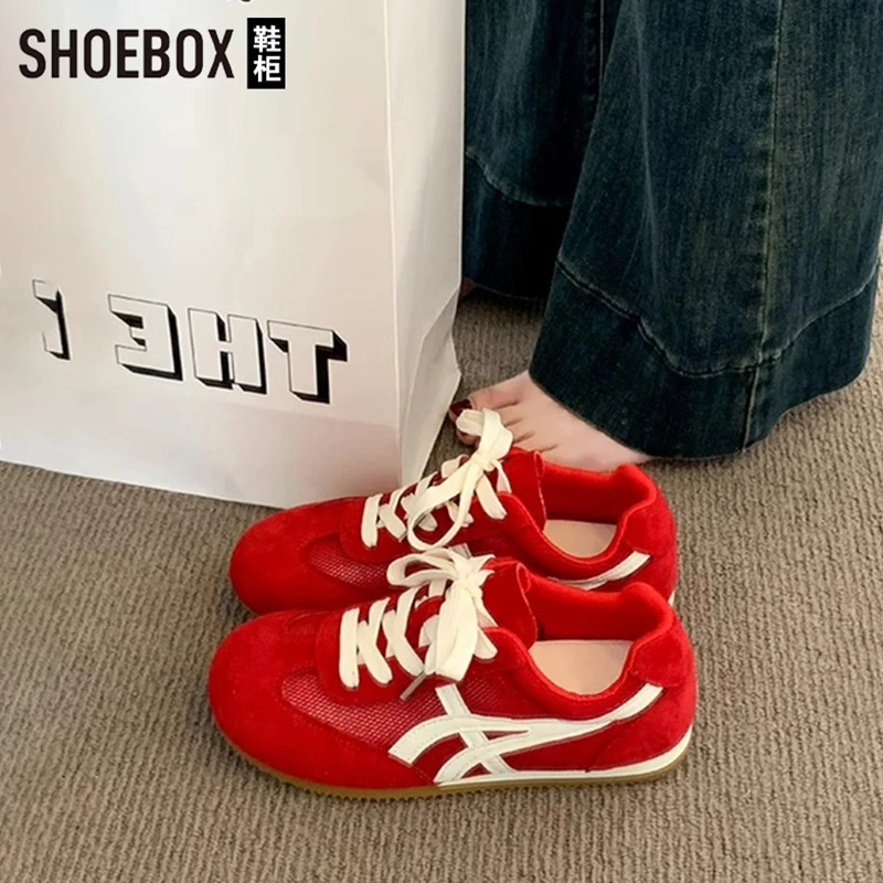 SHOEBOX鞋柜红色德训鞋女2025新款爆款夏季超火网面透气阿甘鞋