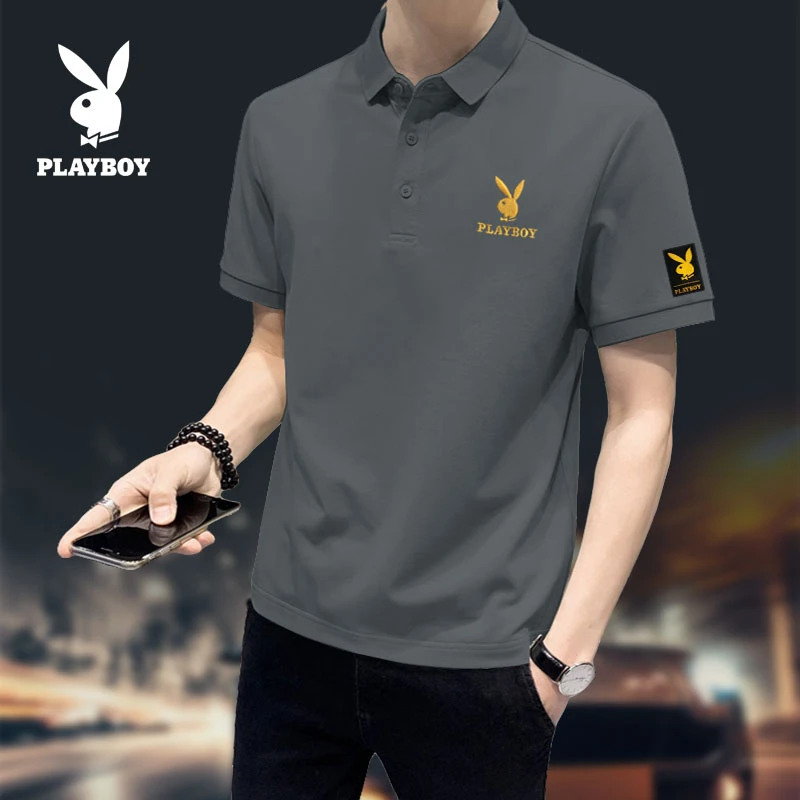 PLAYBOY花花公子Polo衫透气纯色夏季刺绣短袖商务休闲翻领上衣T恤