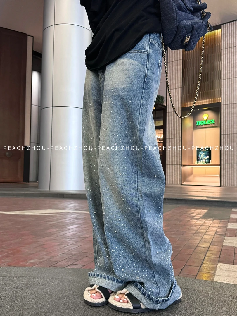 『PEACHZHOU』烫钻水洗宽松直筒牛仔裤休闲明星私服街头感阔腿长裤