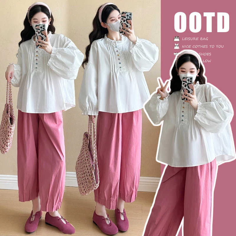 2025春季灯笼袖宽松温柔长袖百搭衬衫+折折宽松托腹裤孕妇两件套