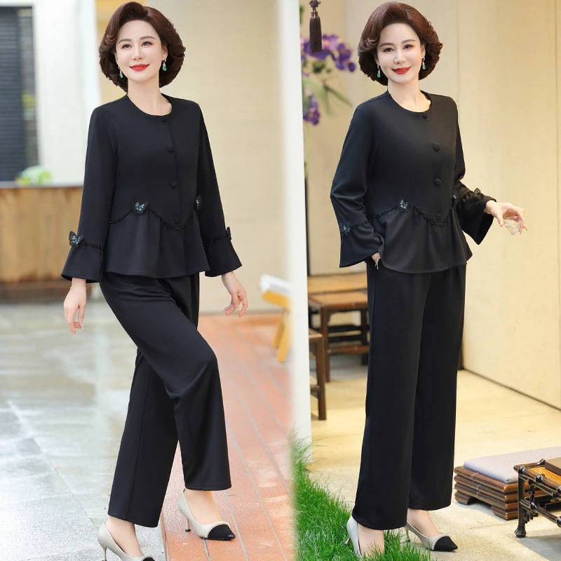 中老年女装春装套装2025新款藏肉减龄小衫阔腿裤两件套潮妈妈装
