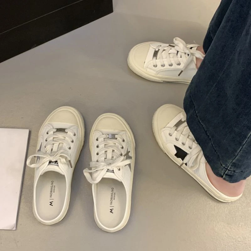 网红星星包头半拖鞋女外穿平底2025年夏季新款百搭懒人小白鞋凉拖