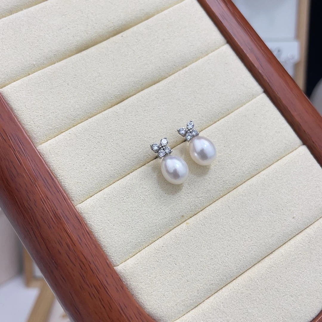 淡水珍珠耳饰银S925镶嵌周**^