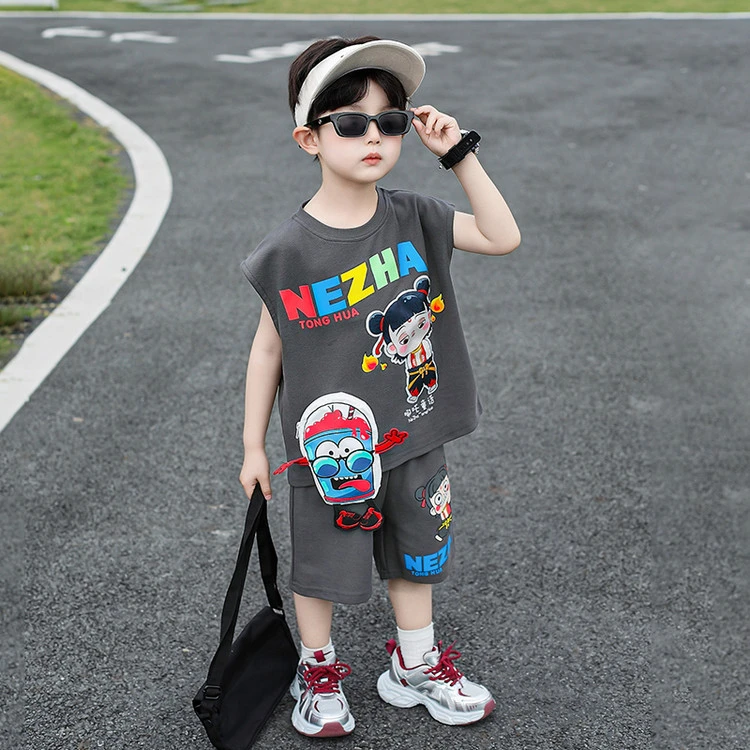 哪吒儿童服装2025新款男童夏套装男孩薄款背心男宝宝夏装无袖衣服