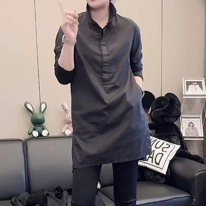 2025春季新款洋气显瘦简约纯色长袖衬衫宽松时尚长袖中长款衬衣女